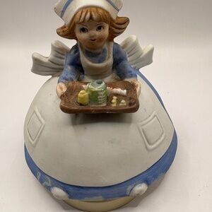Vintage Girl Nurse Holding Tray Music Box Porcelain Plays